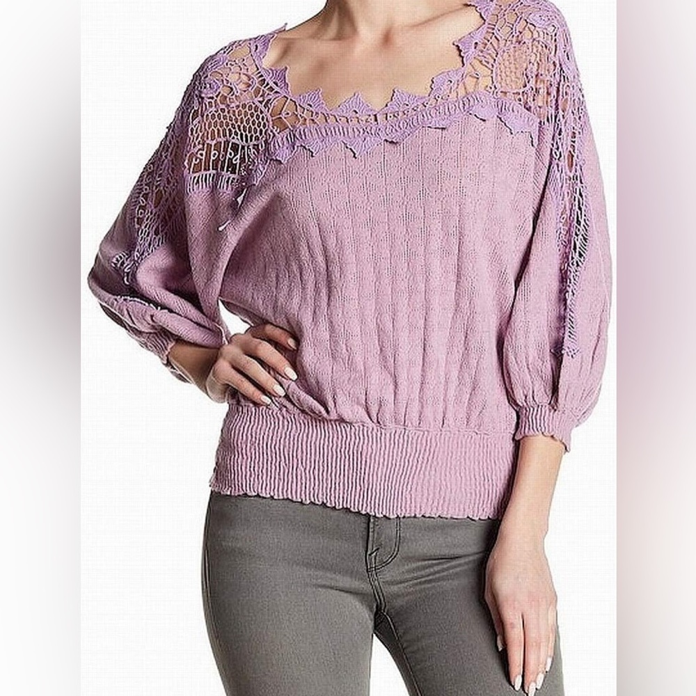 Free People Love Lace Sweater Lace Trim Peasant Sweater in Lavender NEW